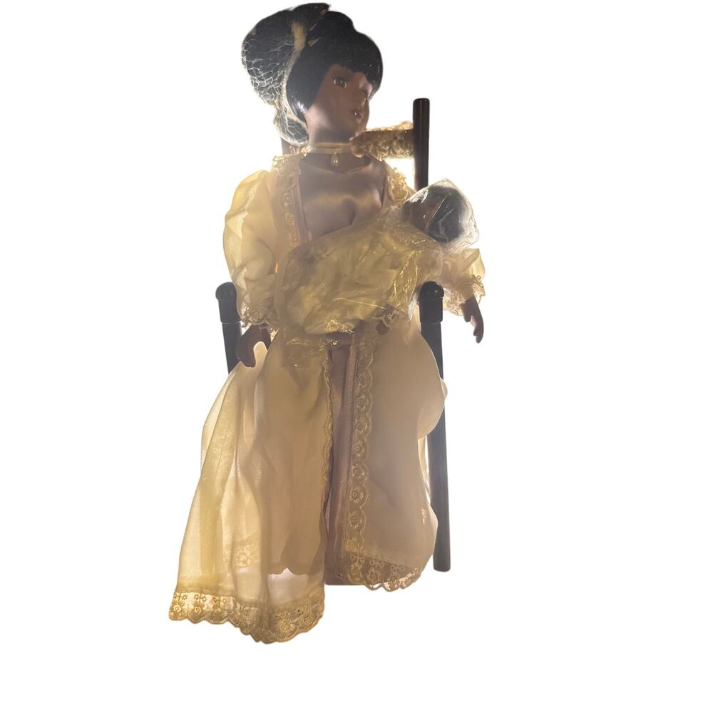 Vintage Sitting Porcelain Doll Dark Hair Yellow Lace Dress Wooden Rocking‎ Chair